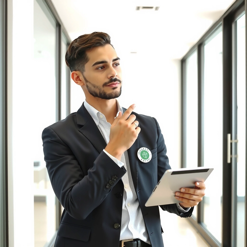 A thoughtful male supervisor reviewing a cleaning checklist on a tablet in a professional setting.