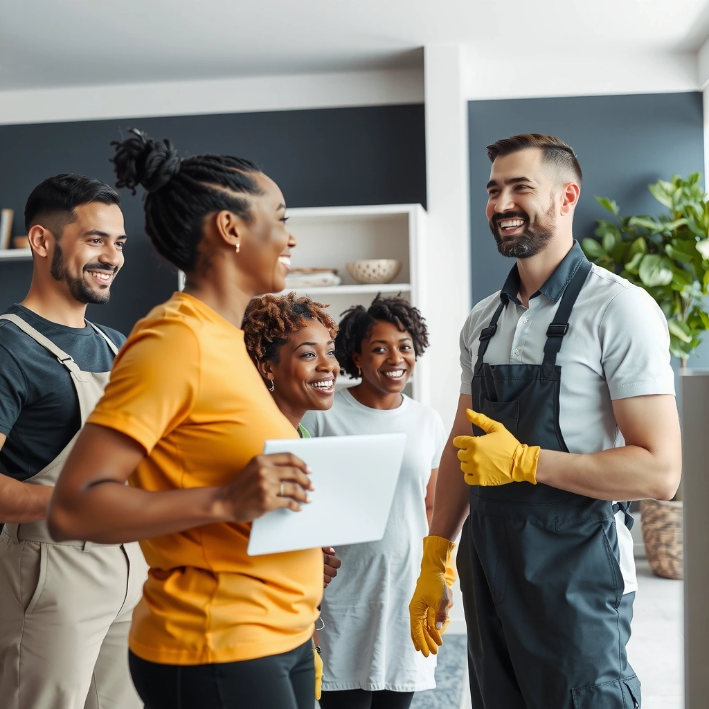 A diverse team of cleaning professionals collaborating and smiling, depicting teamwork and unity.