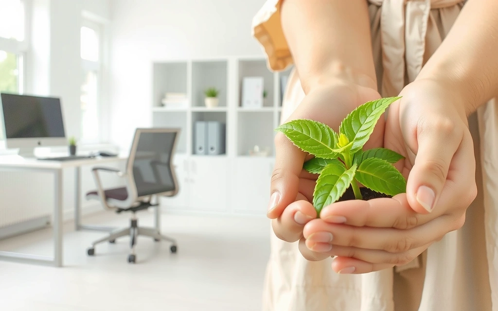Illustration of hands gently holding a growing plant, symbolizing care, growth, and environmental responsibility in cleaning services.