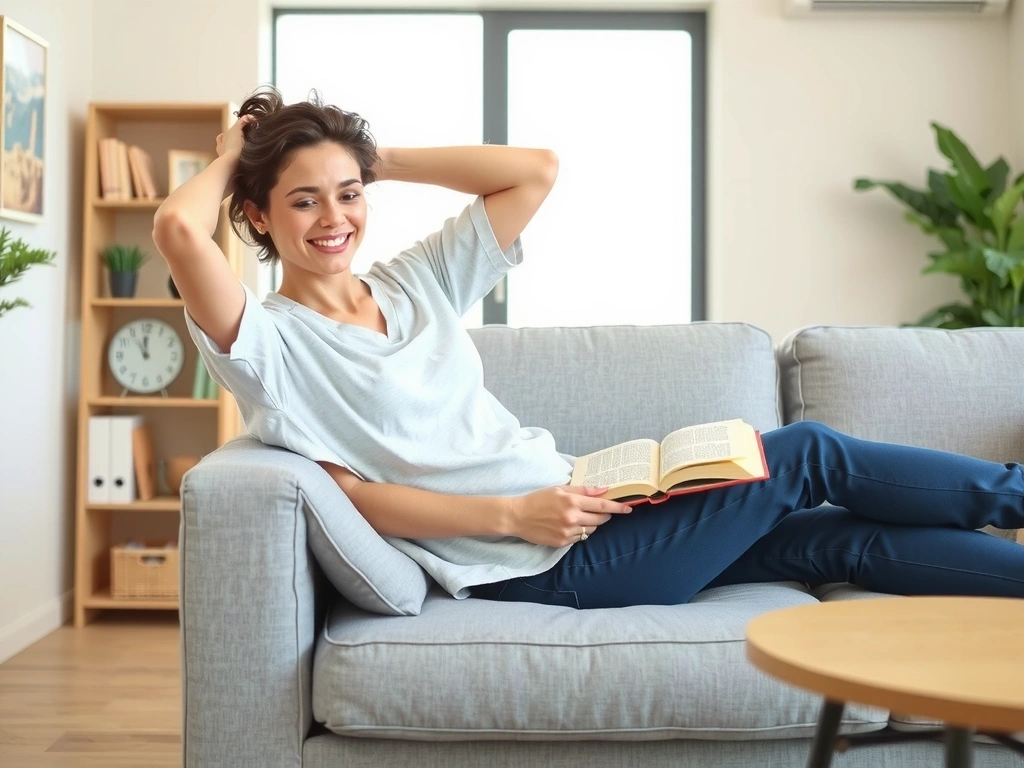A person happily relaxing on a clean sofa with a book, surrounded by a bright, organized home, symbolizing the peace of mind from professional cleaning. No text.