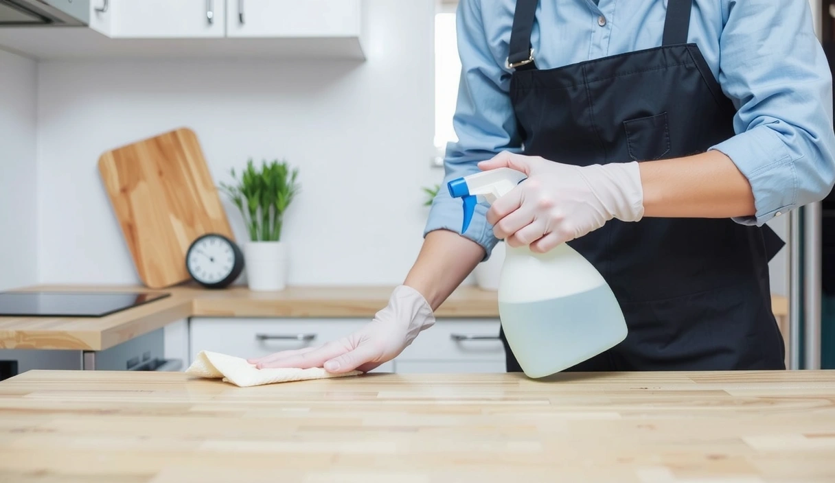 A professional cleaner meticulously sanitizing a kitchen counter with a spray bottle and microfibre cloth, highlighting attention to detail and hygiene. No text.