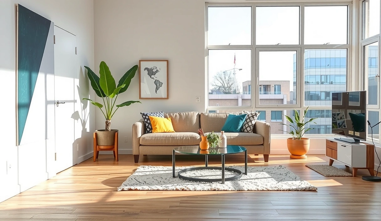 A sparkling clean modern living room with bright natural light, showcasing a tidy sofa, polished surfaces, and green plants, implying a sense of peace and hygiene.