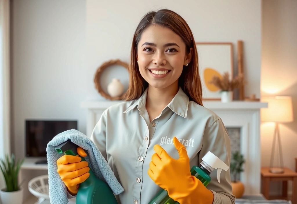 A professional cleaning team member in uniform, smiling and holding cleaning supplies, with a blurred background of a clean home interior.