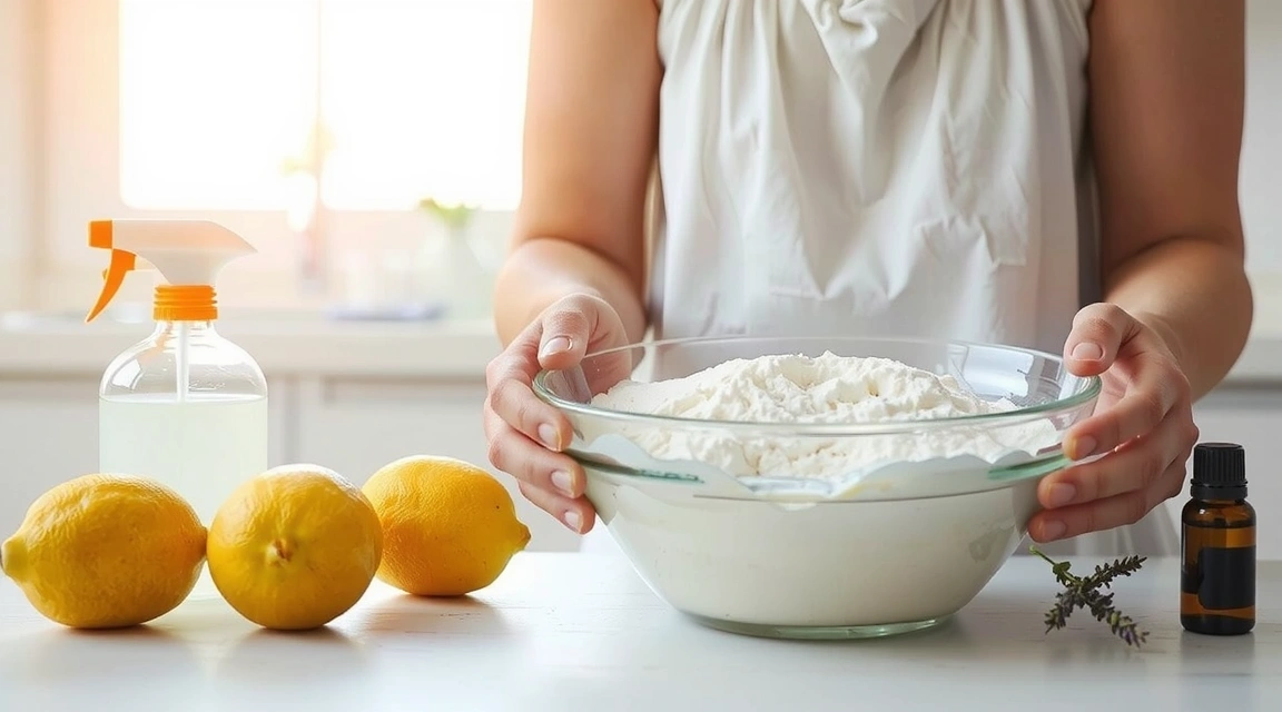 A person's hands mixing baking soda and vinegar in a bowl on a kitchen counter, with lemons and essential oil bottles nearby, suggesting natural cleaning solutions.