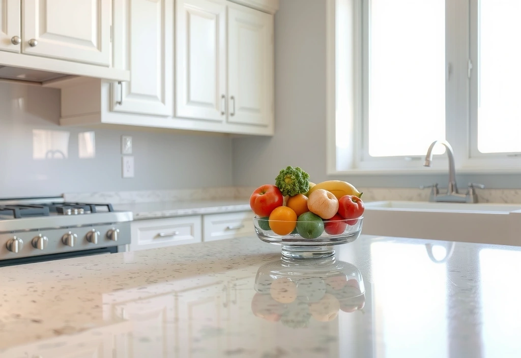 A clean, sparkling kitchen countertop with fresh fruits and vegetables, suggesting a well-maintained home.