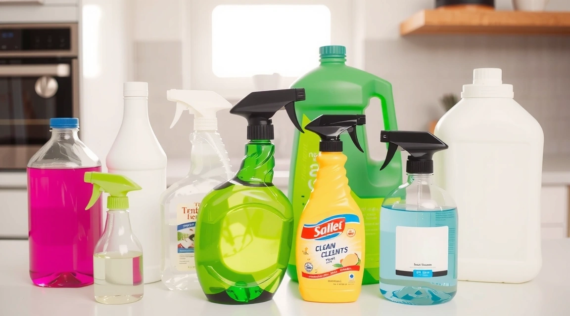 A collection of various cleaning products, some visibly labeled as eco-friendly, arranged neatly on a countertop with a soft, natural light background. No text on products.