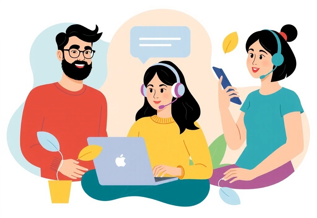 Illustration of people communicating and customer service representatives helping clients