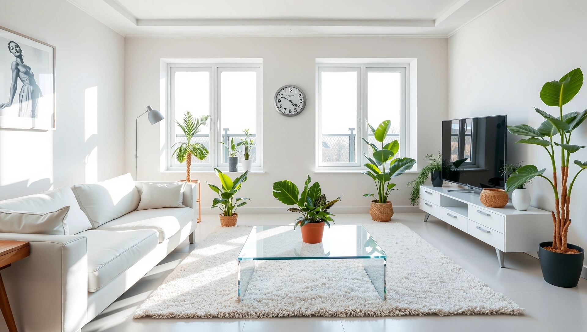 Sparkling clean modern living room bathed in natural light, with plush white sofa, glass coffee table, and vibrant green plants, conveying a sense of freshness and comfort.