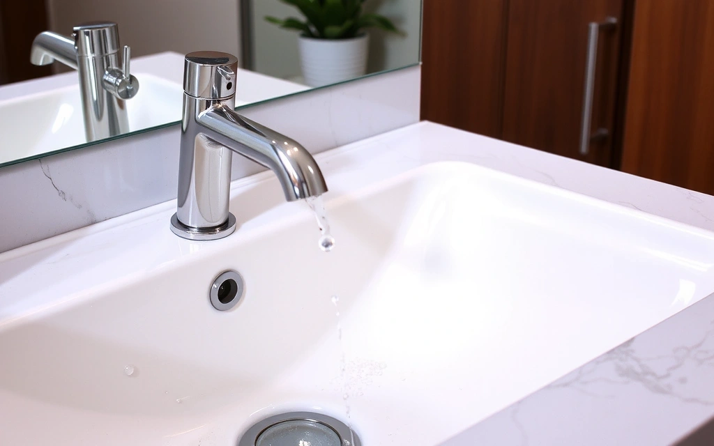 Detailed shot of a freshly scrubbed and gleaming bathroom sink.