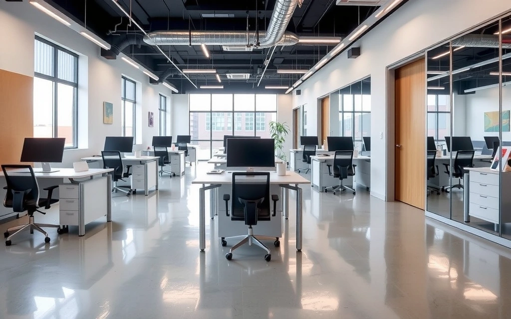 Sparkling clean office environment with polished desks and floors.