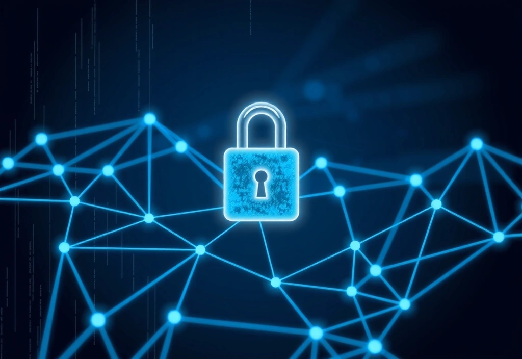 Padlock icon over a network of interconnected digital nodes