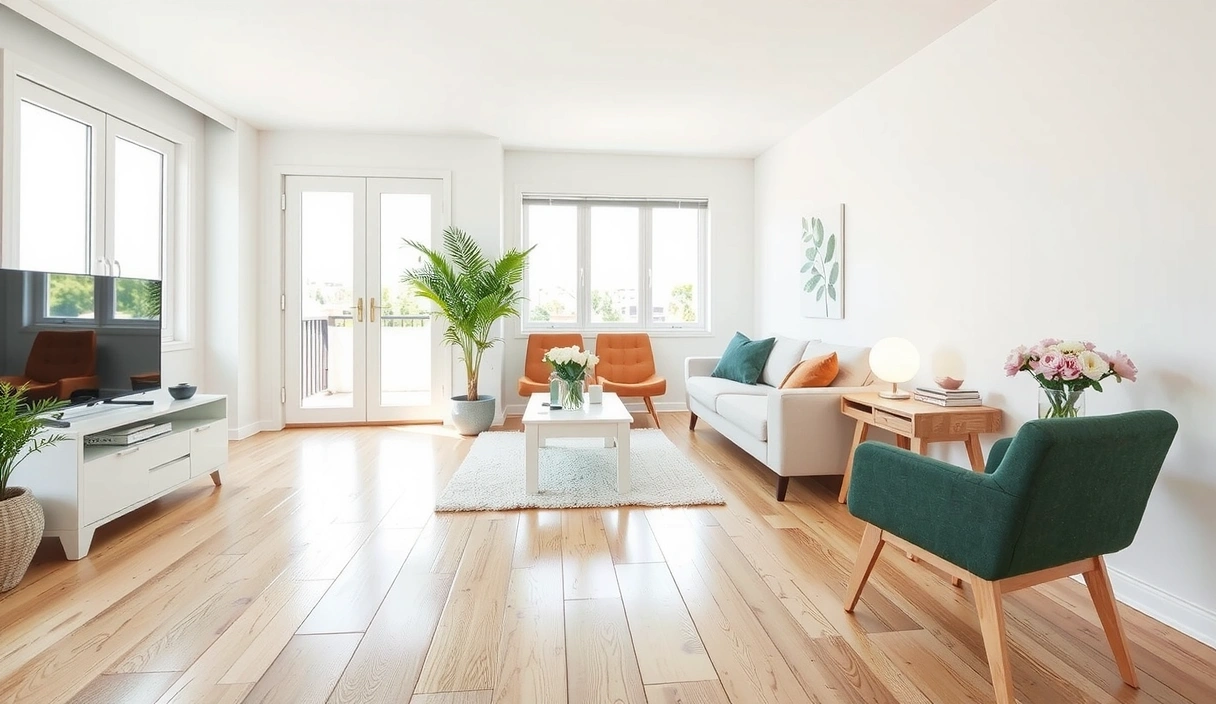 A perfectly clean and organized modern living room with bright natural light and fresh flowers, showcasing Gleamcraft's residential cleaning expertise.