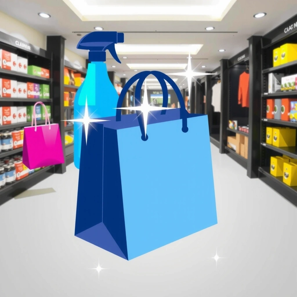 Icon representing retail store cleaning with a shopping bag and sparkling effect
