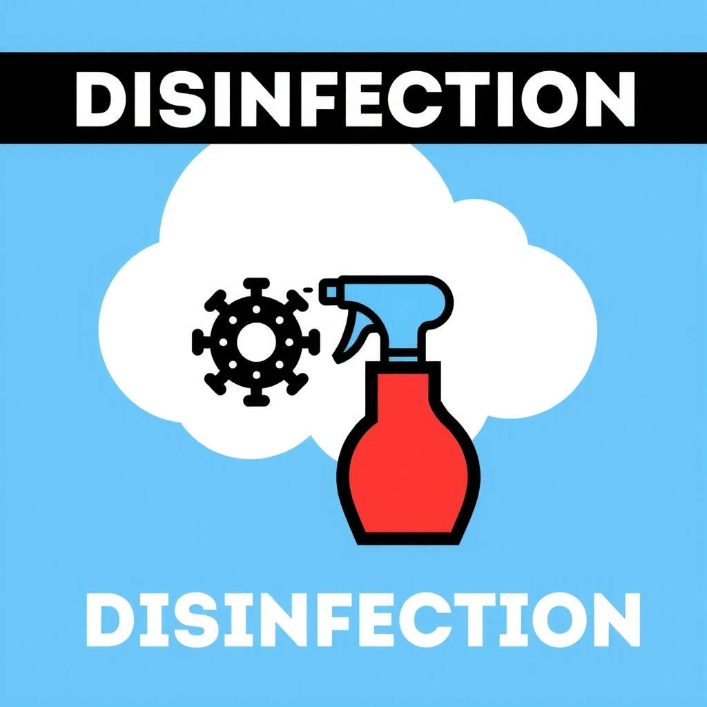 Icon representing disinfection services with a spray bottle and germ symbol