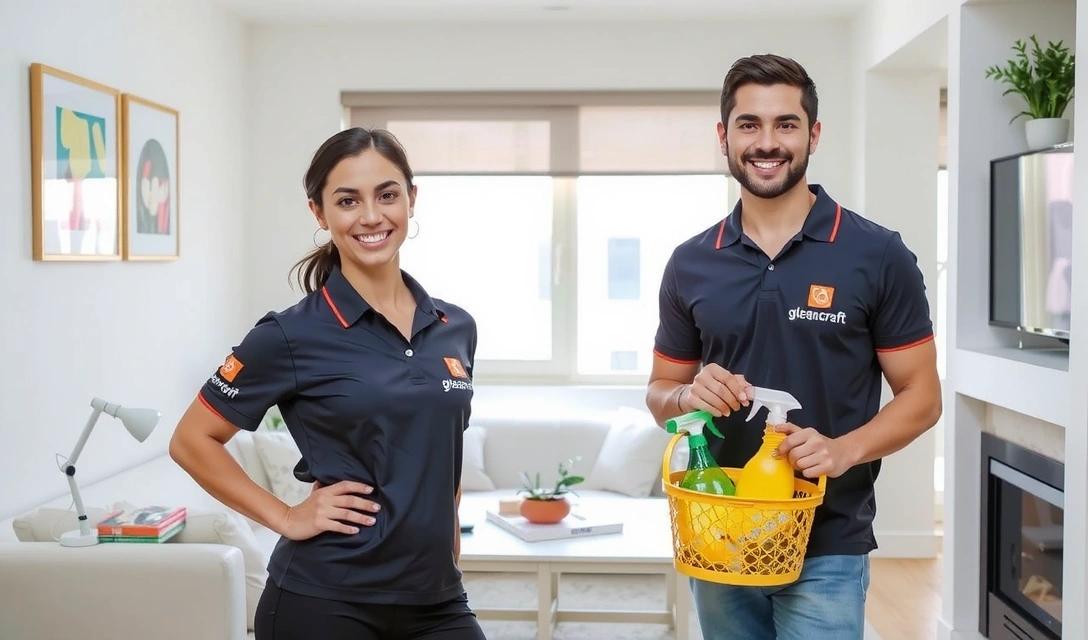 A professional cleaning team member in uniform, smiling and holding cleaning supplies in a perfectly clean modern living room.