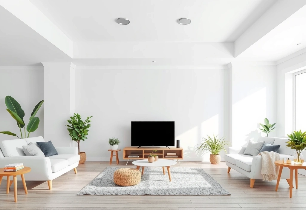 A serene, minimalist living room with natural light, impeccably clean and organized, evoking a sense of calm and peace.